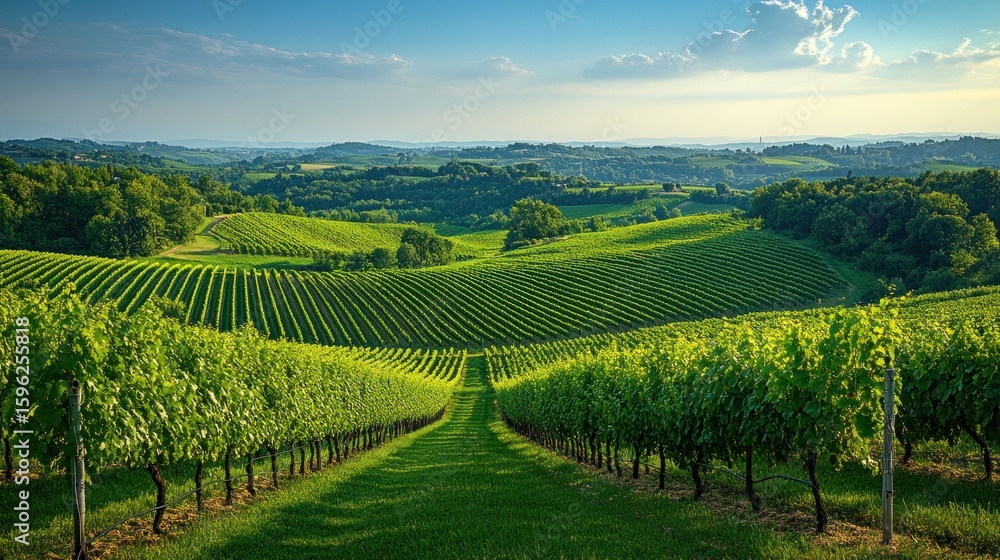 Fototapeta premium Lush vineyard rows stretch across rolling hills under a vibrant sky