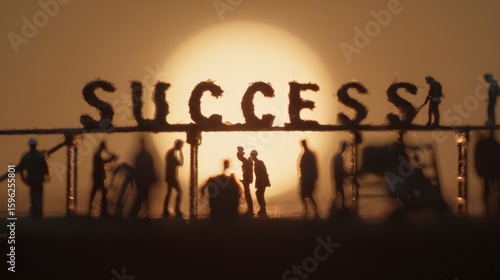 Silhouetted team assembling SUCCESS letters with scaffold against golden sky