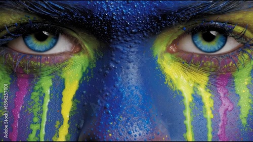 Vision concept human eyes with vibrant blue irises, surrounded by abstract multicolored face paint and dripping textures. Artistic concept expressing emotion, creativity, and visual impact.