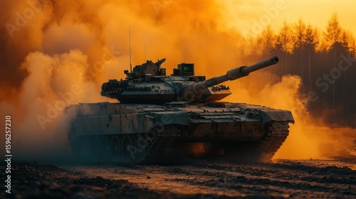 Fototapeta Naklejka Na Ścianę i Meble -  Military tank in action, sunset smoke