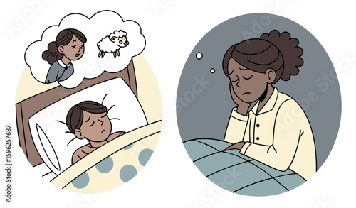a boy sleeping on a bed in front of his mother 
