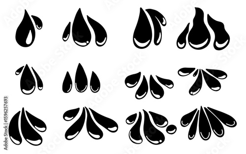 Hand drawn black liquid drops vector set. Doodle water drop, abstract splatter and drip icons