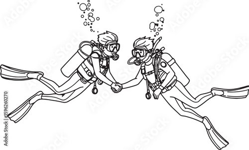 Two scuba divers shaking hands underwater depicting partnership and agreement