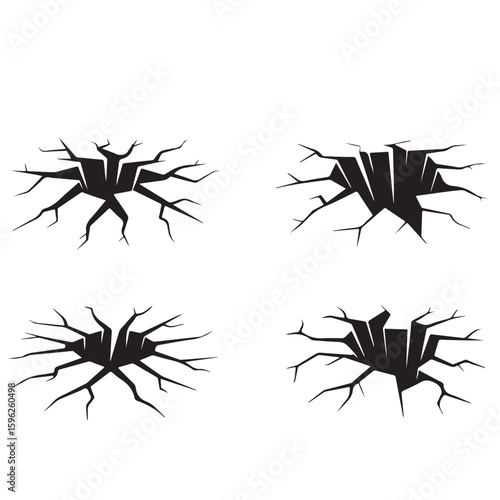 Four black cracks in the ground with jagged edges on a white background in a square pattern design