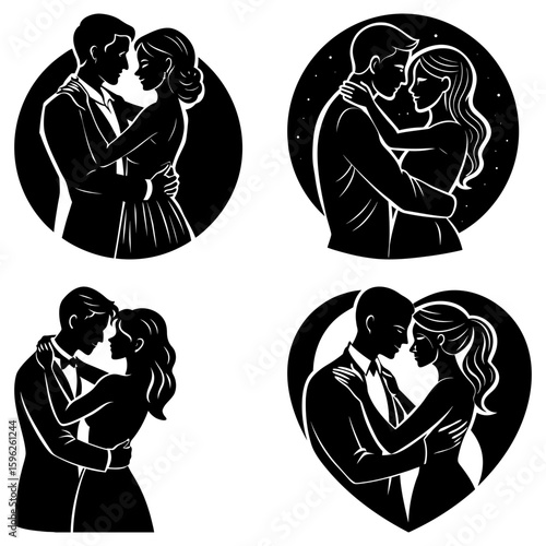 Silhouetted couples embracing in various romantic poses and settings in a black and white illustration