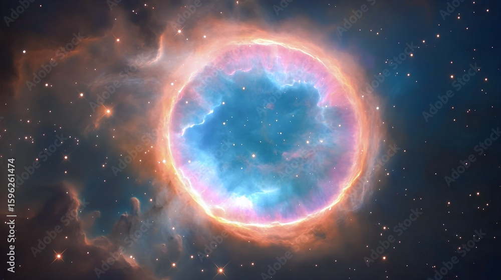 Fototapeta premium Colorful planetary nebula glowing in outer space with a radiant circular shape surrounded by stars and cosmic clouds