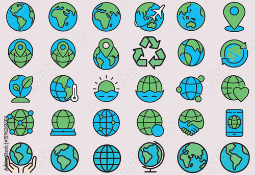 A Set of Color Line Icons for Global, Environmental, and Earth Day Concepts