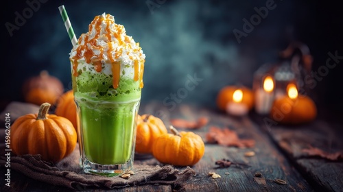 Halloween themed green smoothie with whipped cream and caramel drizzle near pumpkins