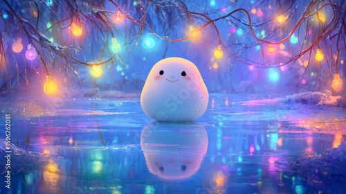 Smiling marshmallow-like character on icy surface beneath glowing festive lights