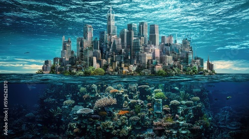 Fototapeta Naklejka Na Ścianę i Meble -  Submerged city with coral reef ecosystem.