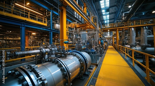 Industrial plant interior displaying complex piping systems, valves, and machinery in a modern factory 