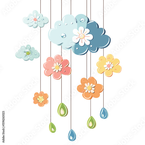 Flowers shaped like clouds with dewdrop accents gently hanging from petals, vector style simple color