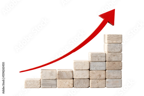 A red arrow rises above stone blocks on a wooden base, representing business growth and financial success on AI Generated by PNG