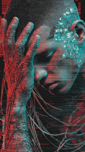 Cybernetic identity: dual-toned face shielded by glitch-infused arm