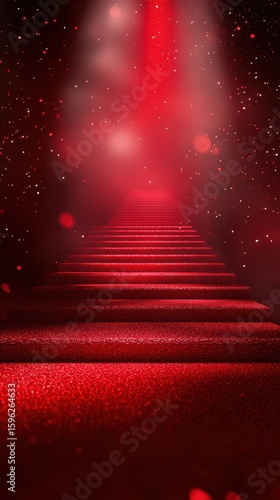 Bright red staircase leading to an illuminated space with sparkling accents and a mysterious atmosphere