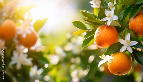 branch of orange trees with blossoms on blurred sunny background in garden