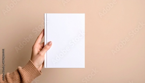 A woman's hand gently holds a blank white book against a muted beige background.