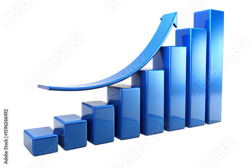 Photo of a blue bar graph shows a strong upward trend with an arrow indicating significant growth and success isolated on transparent background