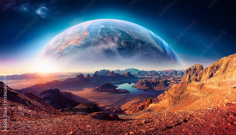 Obraz premium ai generated stunning alien landscape with a large planet in the background