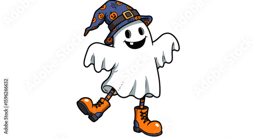 Cartoon ghost wearing witch hat and boots while walking happily,  for Halloween decorations, decoration of themed products, decor,book illustrations