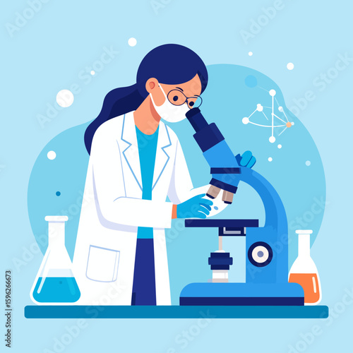 A female scientist examining a sample through a microscope in a lab setting.