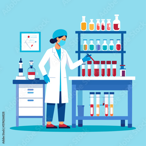 A female scientist in a lab coat examines blood samples in test tubes.