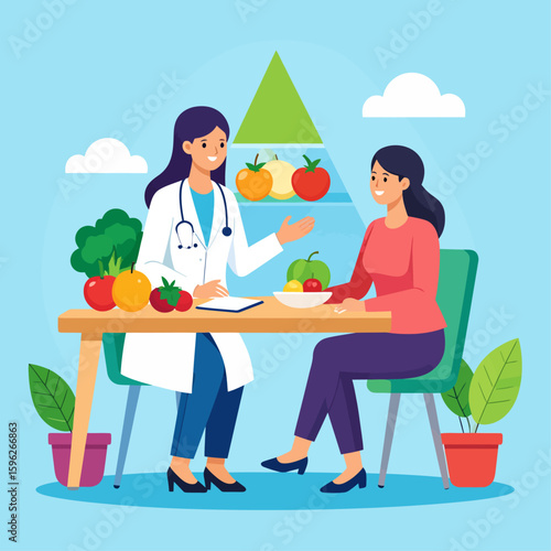 A doctor advising a patient about healthy eating with fresh fruits and vegetables.