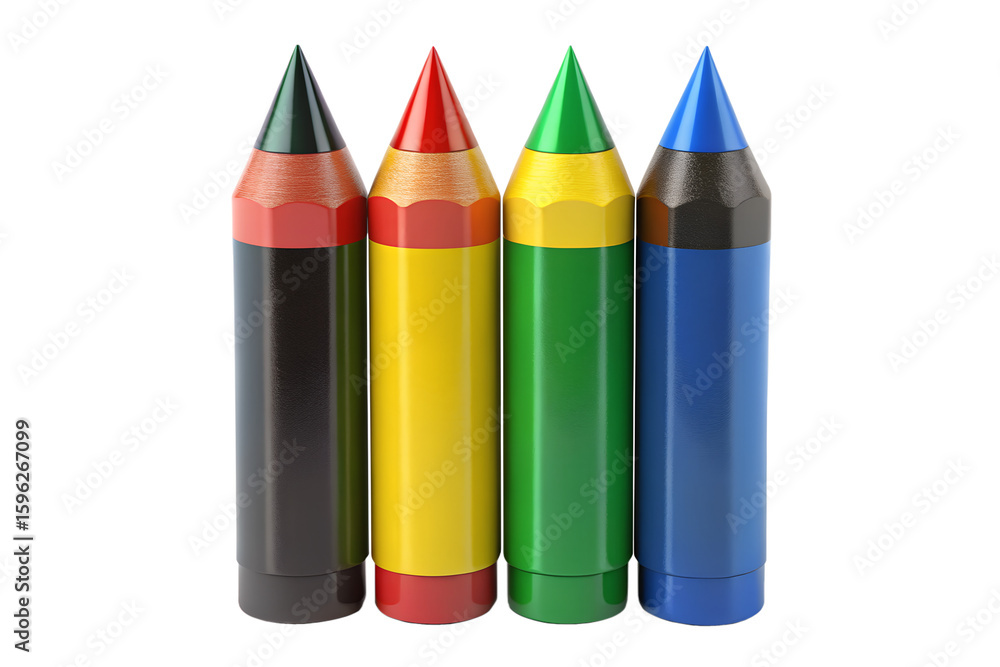 Fototapeta premium Photo of four brightly colored pencils, sharp and ready for use, stand together representing creativity and artistic expression isolated on transparent background