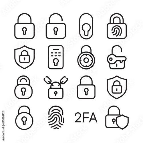 Collection of security and lock icons isolated on white background