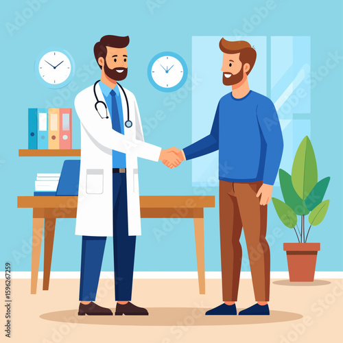 Doctor and patient shaking hands in a medical office, signifying a positive and trusting doctor-patient relationship.