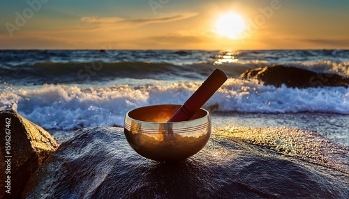 tibetan singing bowl on a rocky beach with ocean waves at sunset