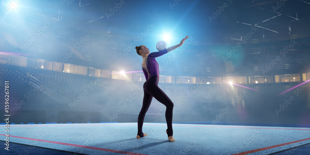 Rhythmic gymnastic girl on professional 3-d gymnastic stadium in night. Rhythmic gymnastic girl on professional 3-d gymnastic stadium in night.