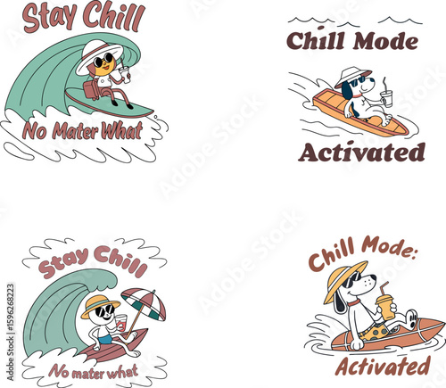"Chill Mode Activated" Slogan with Cute Dog Character Surfing T-Shirt Design