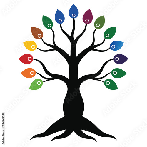 Spiritual tree silhouette with chakra symbols aligned along the trunk for meditation and wellness