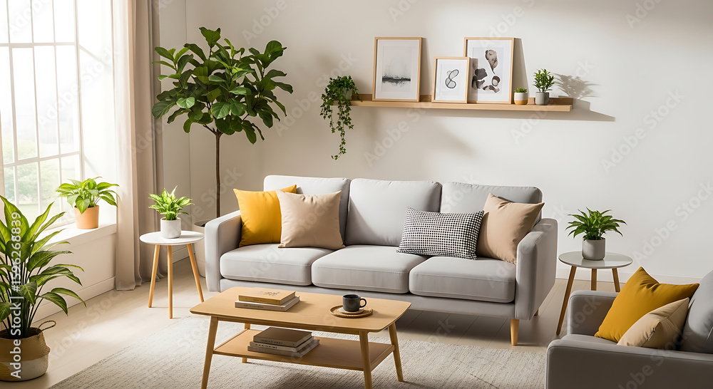 Modern Gray Sofa with Wooden Coffee Table and Plants Light gray sofa accent pillows wooden coffee table shelf potted plants sofa couch living room furniture Modern Gray Sofa with Wooden Coffee Table and Plants Light gray sofa accent pillows wooden coffee table shelf potted plants sofa couch living room furniture