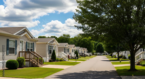 Mobile Home Park on a Sunny Day paved street lined with light beige mobile homes park like setting mobile homes manufactured homes park model homes mobile