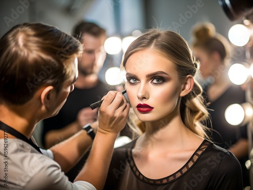 A makeup artist applies glamour makeup to a models face backstage