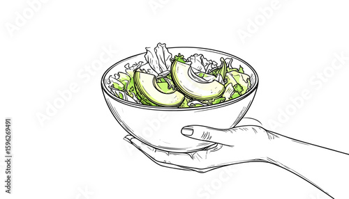 A line art illustration of a hand holding a fresh salad bowl filled with lettuce and avocado slices, with subtle green color accents
