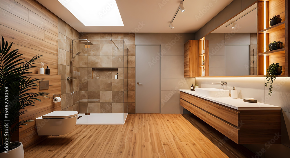 Fototapeta premium Modern Bathroom with Light Wood Cabinets and Tile Shower Spacious bathroom featuring light wood vanity tiled shower wood look floor bathroom modern shower vanity tile wood