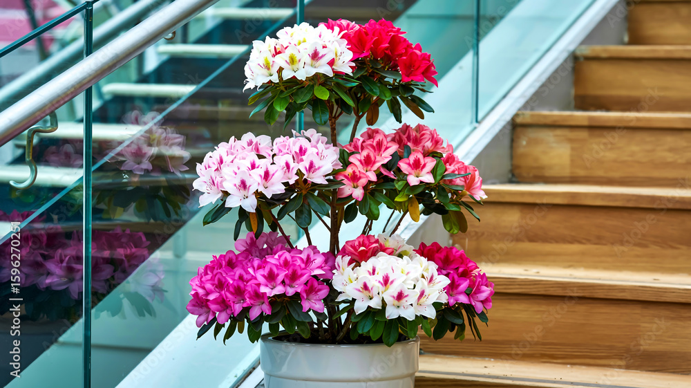Fototapeta premium A tiered azalea plant blooms vibrantly in a white ceramic pot beside rustic wooden stairs