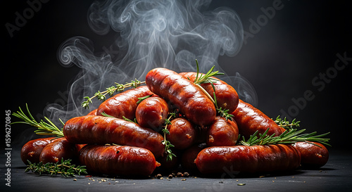 Aromatic Pile of Smoked Sausages with Fresh Herbs and Rising Steam Set Against a Dark Background Showcasing Delicious