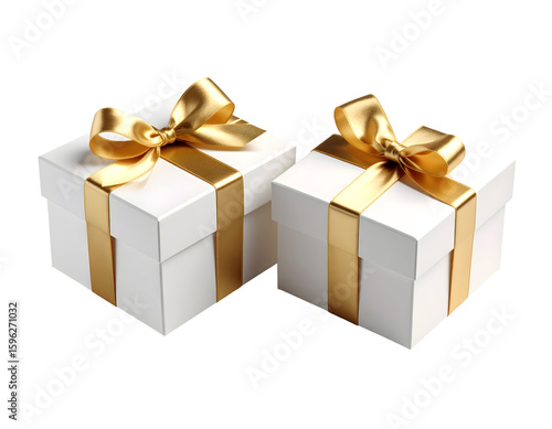 Pair of pristine white gift boxes intricately tied with radiant golden bows for any joyous event.