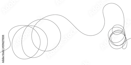A continuous black line gracefully traverses the white space, weaving large, soft circles on the left and coalescing into a tight, chaotic jumble on the right side