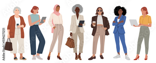 Diverse business women characters set in modern office outfits. Various ethnicities, ages, and body types. Perfect for animation, design, teamwork, and workplace diversity projects