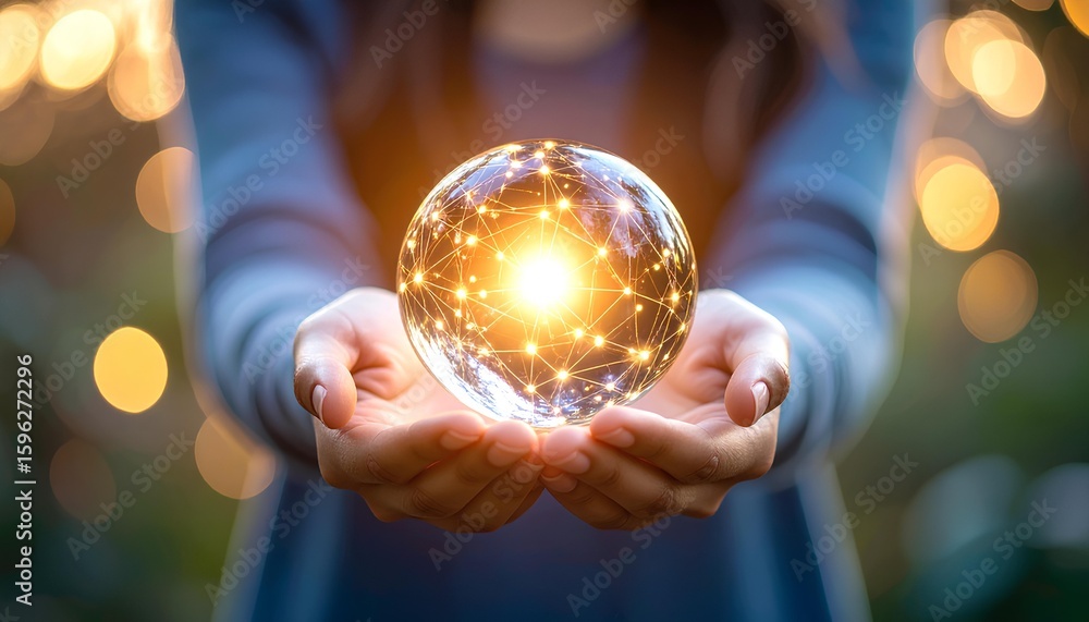 Fototapeta premium Hands Holding Glowing Crystal Ball with Blue Light, Symbol of Future Technology, Innovation, Magic, Science, Clairvoyance, Psychic Energy, Artificial Intelligence Concept, Closeup Human Hand, Mystery