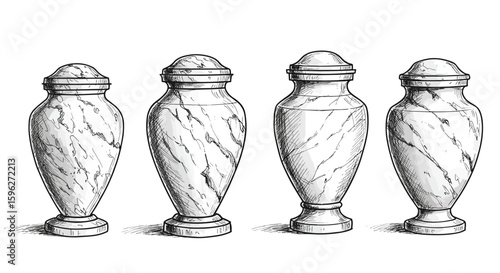 Marble urns with ashes collection – hand drawn vintage ink sketch doodle black and white vector illustration, engraving or woodcut