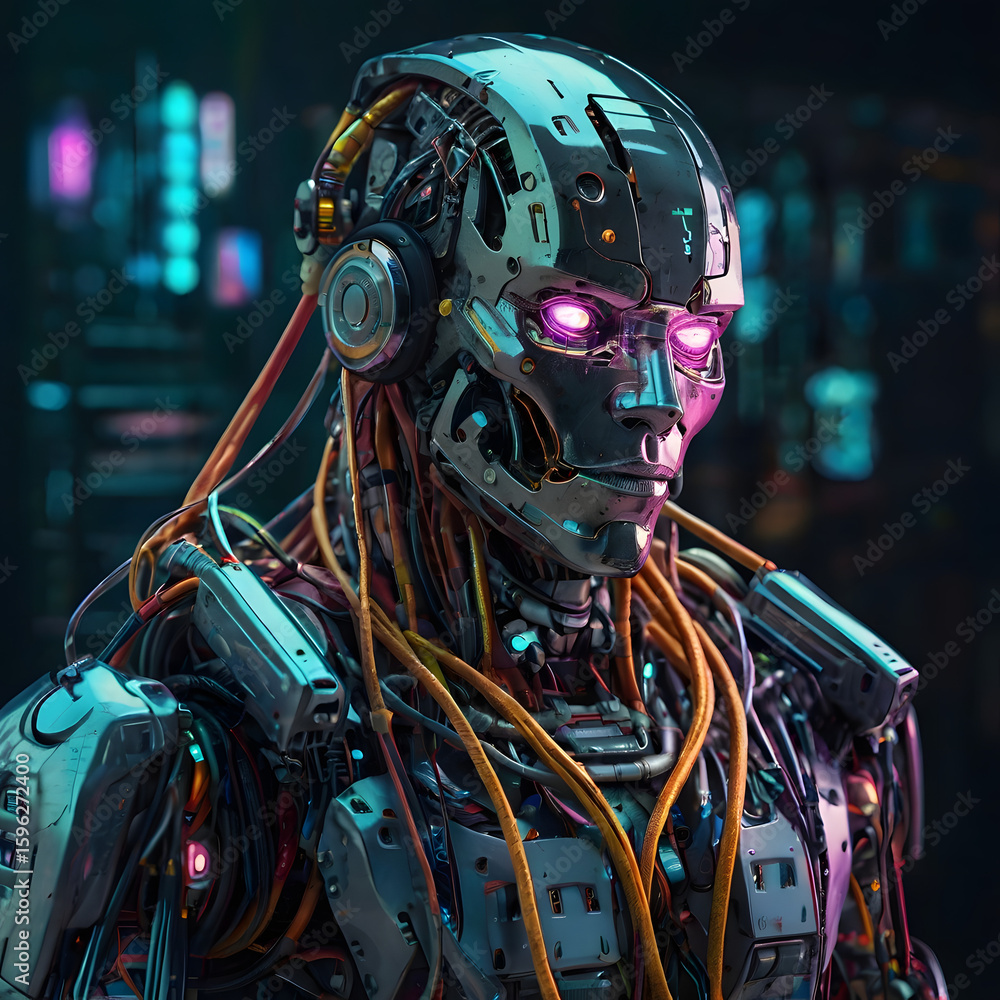 Fototapeta premium Cyberpunk robot head cables