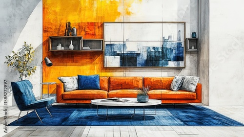 Interior design drawing with material color scheme, showcasing furniture selections and creative concept 