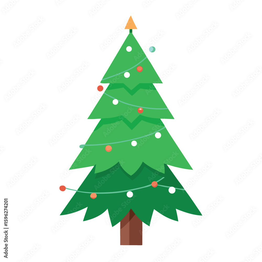 Fototapeta premium Festive pine tree decorated with twinkling christmas lights and snowfall during winter season