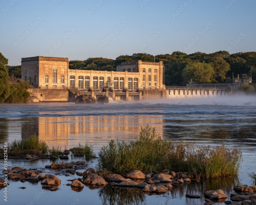 Obraz premium A historic dam and power plant at dawn.